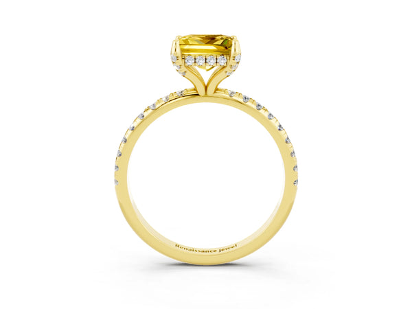 Yellow gold Princess Cut Yellow Sapphire Hidden Halo Engagement Ring with Round Pavé Band and Prong Setting