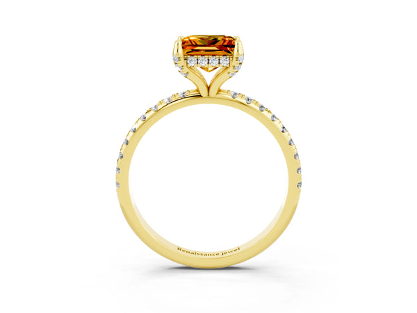 Yellow gold Princess Cut Citrine Hidden Halo Engagement Ring with Round Pavé Band and Prong Setting