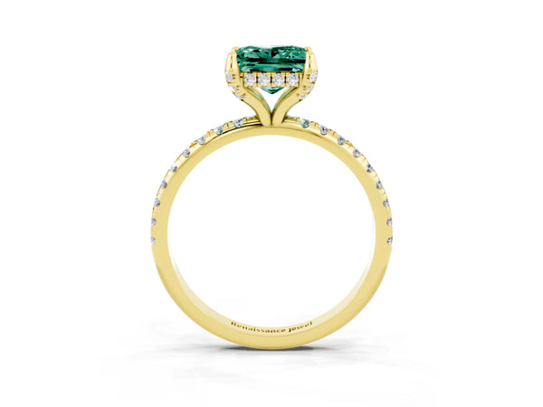 Yellow gold Princess Cut Green Sapphire Hidden Halo Engagement Ring with Round Pavé Band and Prong Setting
