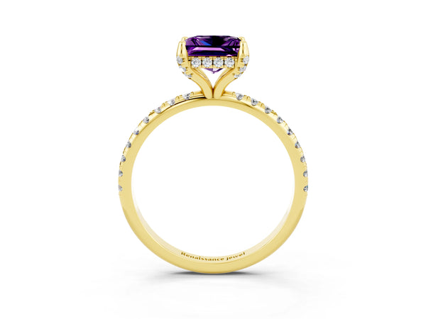 Yellow gold Princess Cut Amethyst Hidden Halo Engagement Ring with Round Pavé Band and Prong Setting