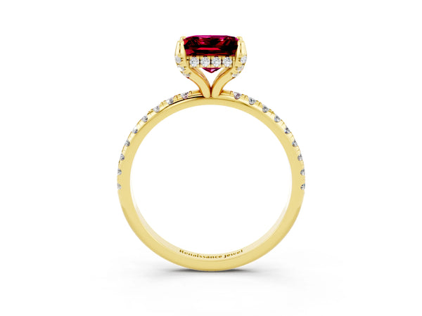 Yellow gold Princess Cut Garnet Hidden Halo Engagement Ring with Round Pavé Band and Prong Setting