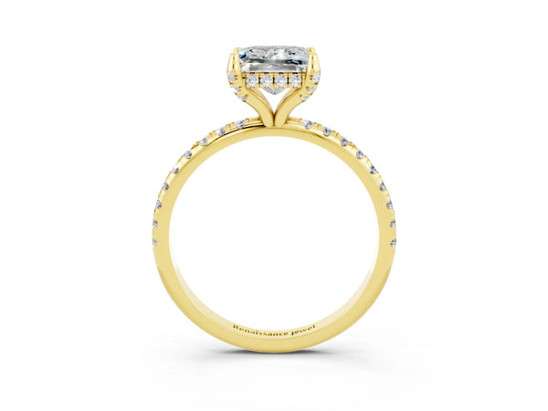 Yellow gold Princess Cut Moissanite Hidden Halo Engagement Ring with Round Pavé Band and Prong Setting