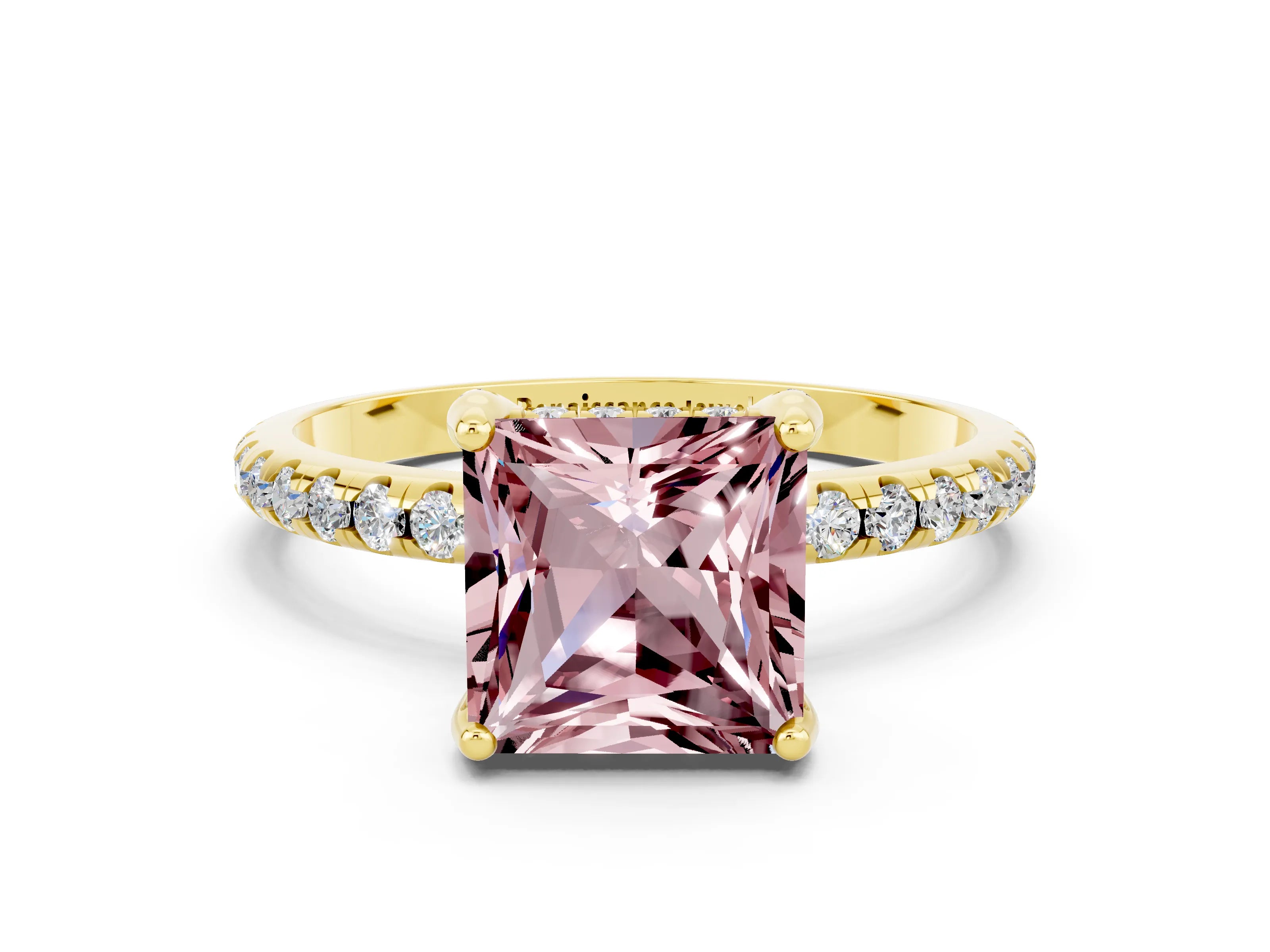 Yellow gold Princess Cut Diamond Solitaire Ring with Four-Prong Setting and Pavé Band