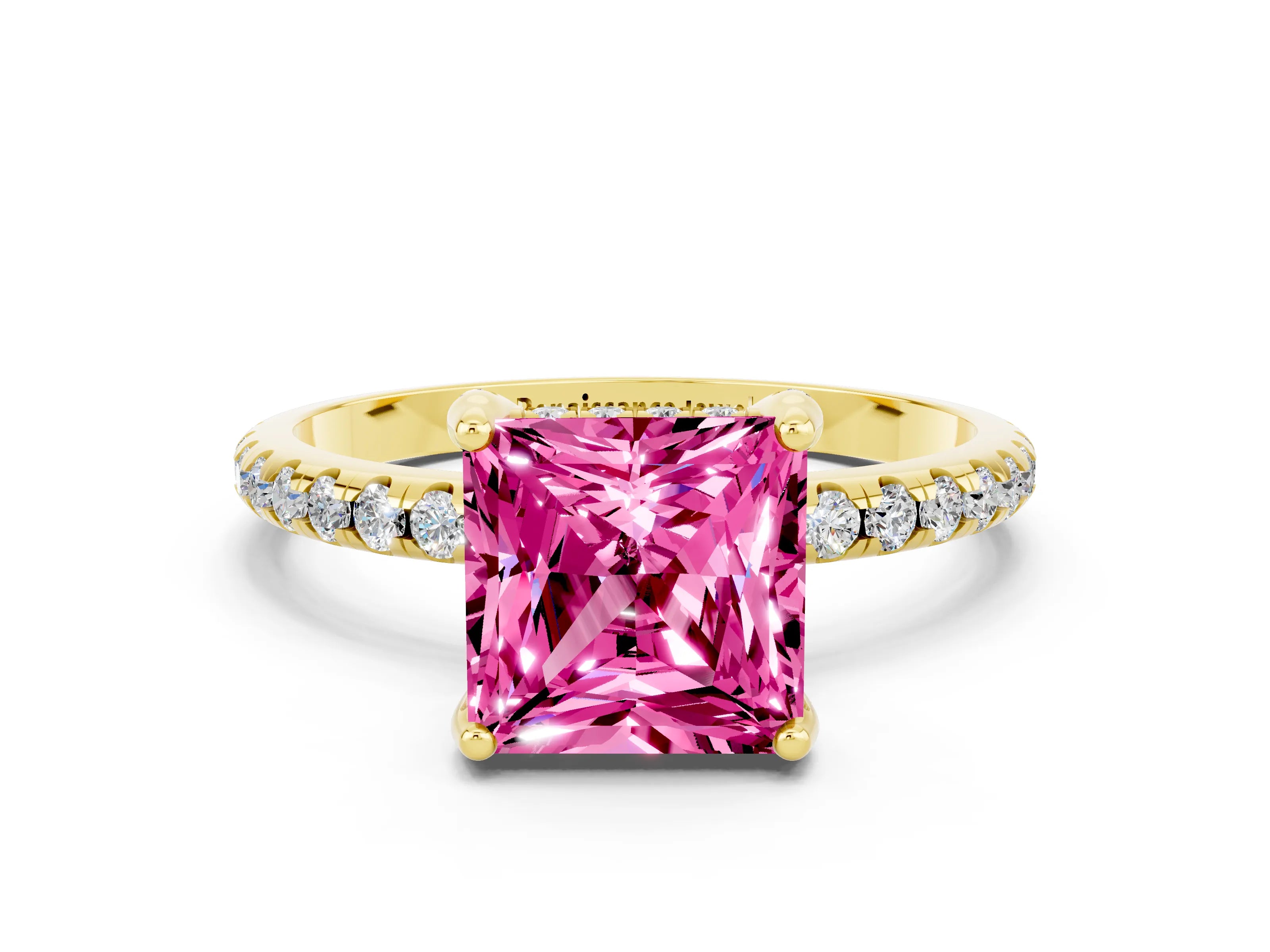 Yellow gold Princess Cut Diamond Solitaire Ring with Four-Prong Setting and Pavé Band
