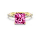 Yellow gold Princess Cut Diamond Solitaire Ring with Four-Prong Setting and Pavé Band