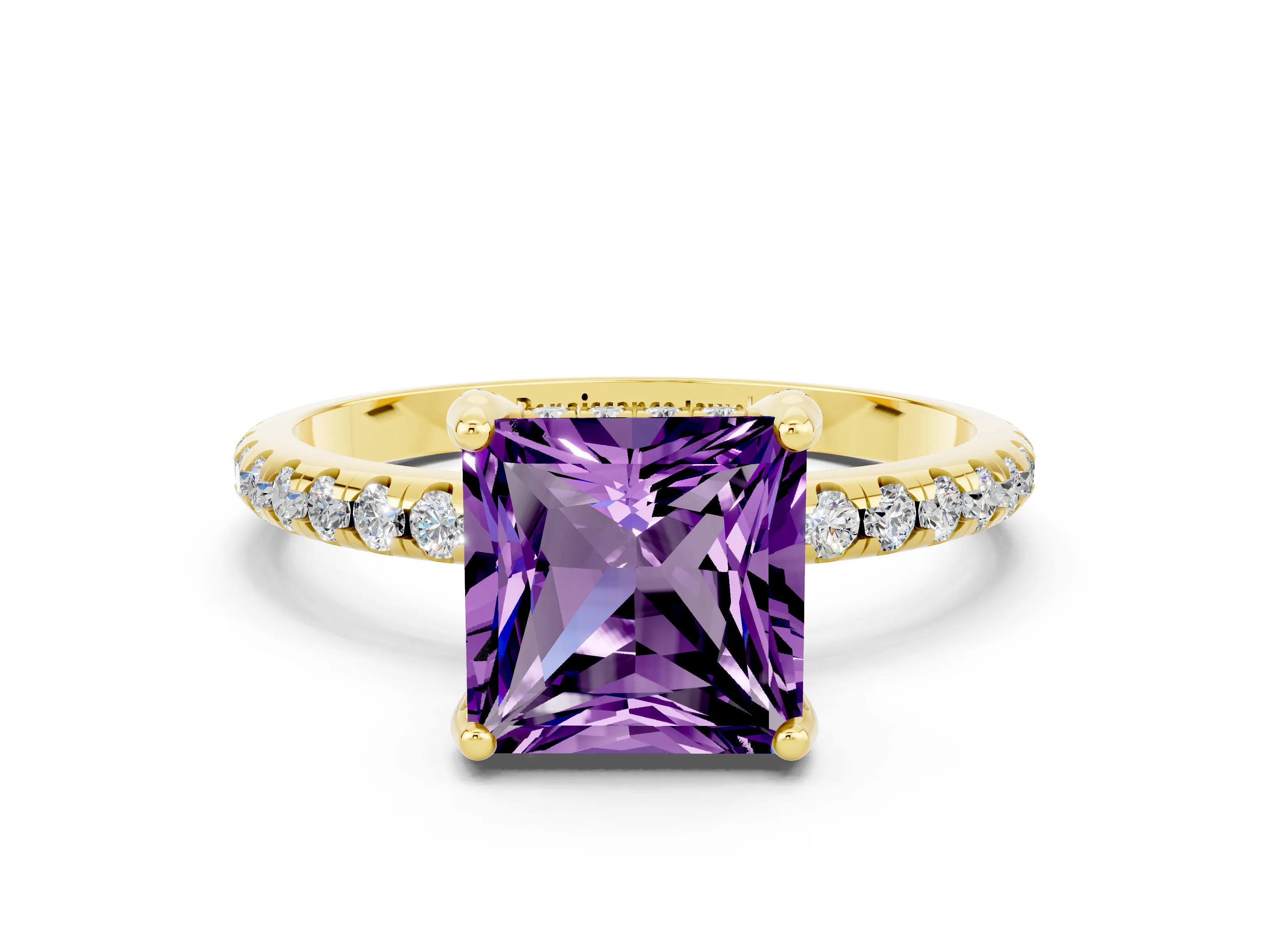 Yellow gold Princess Cut Diamond Solitaire Ring with Four-Prong Setting and Pavé Band