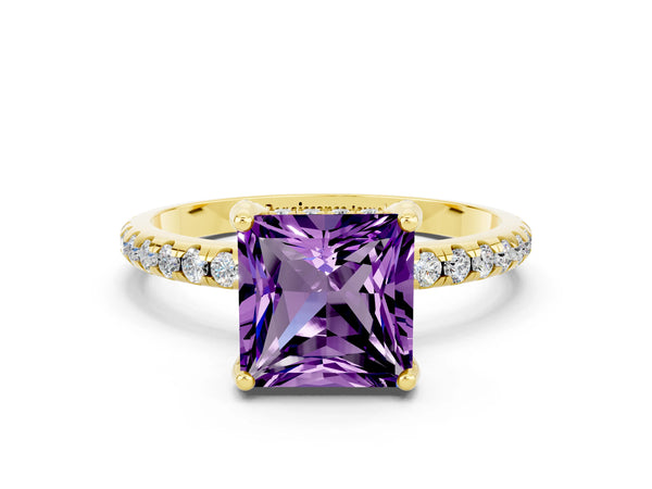 Yellow gold Princess Cut Amethyst Hidden Halo Engagement Ring with Round Pavé Band and Prong Setting