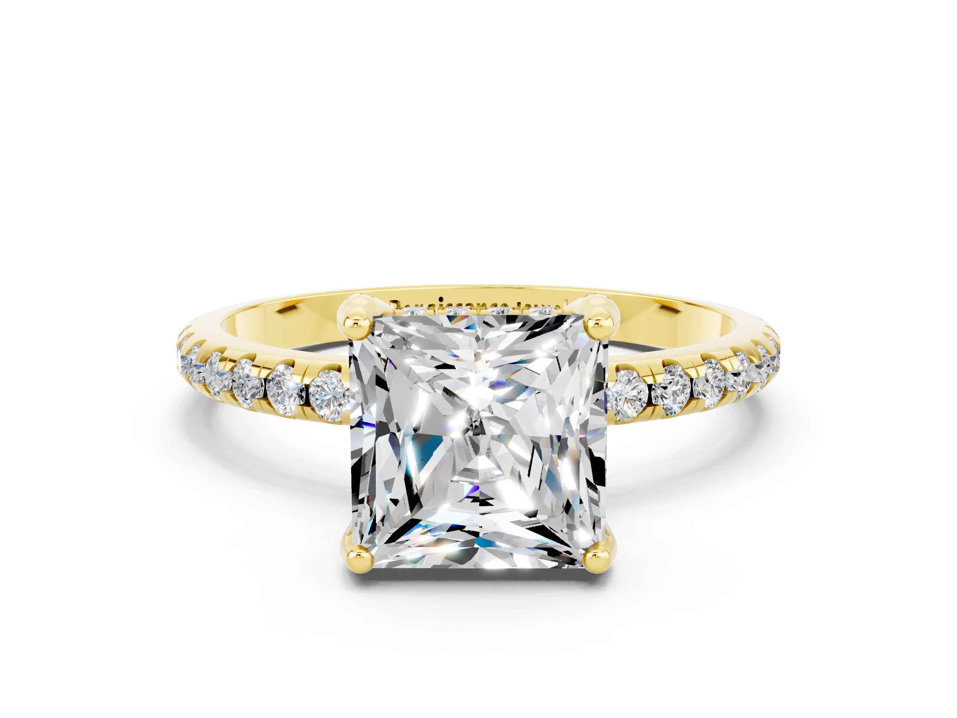 Yellow gold Princess Cut Diamond Solitaire Ring with Four-Prong Setting and Pavé Band