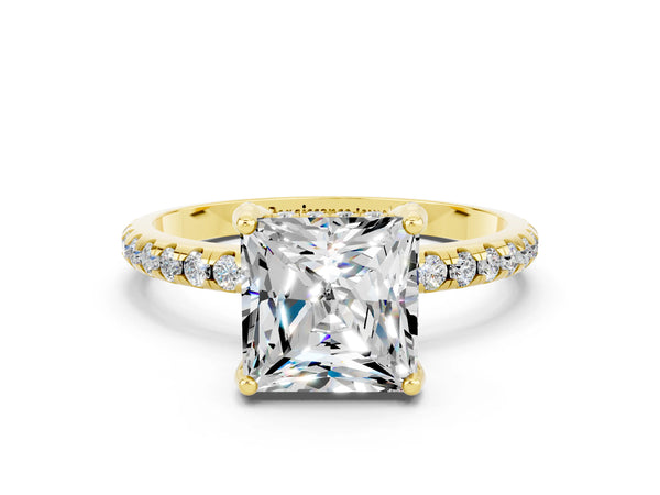 Yellow gold Princess Cut Moissanite Hidden Halo Engagement Ring with Round Pavé Band and Prong Setting