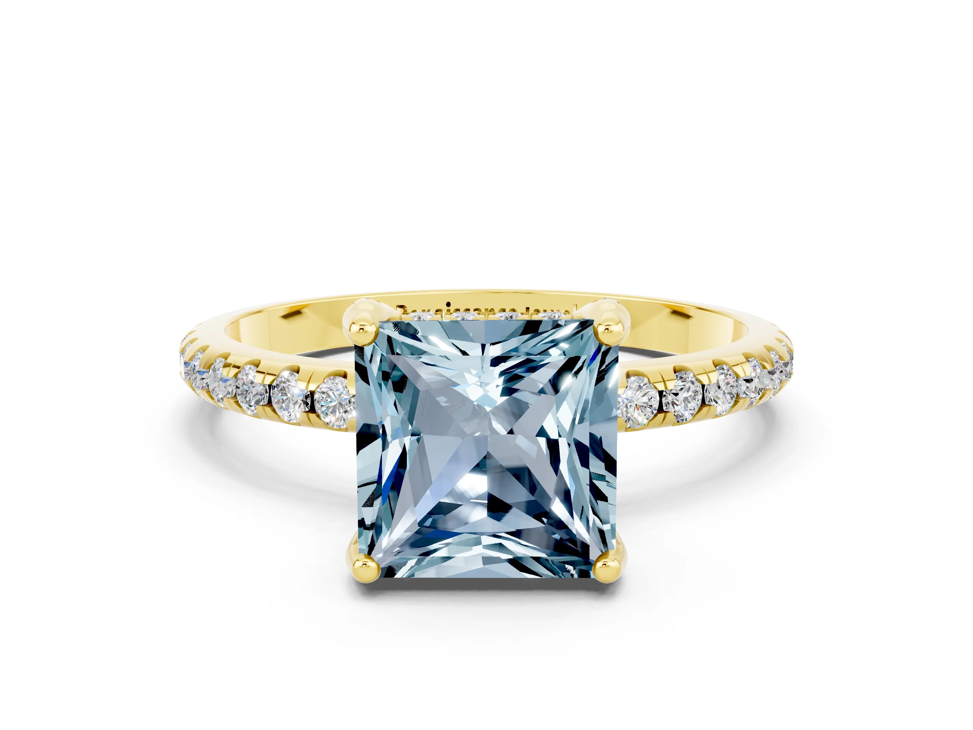 Yellow gold Princess Cut Diamond Solitaire Ring with Four-Prong Setting and Pavé Band