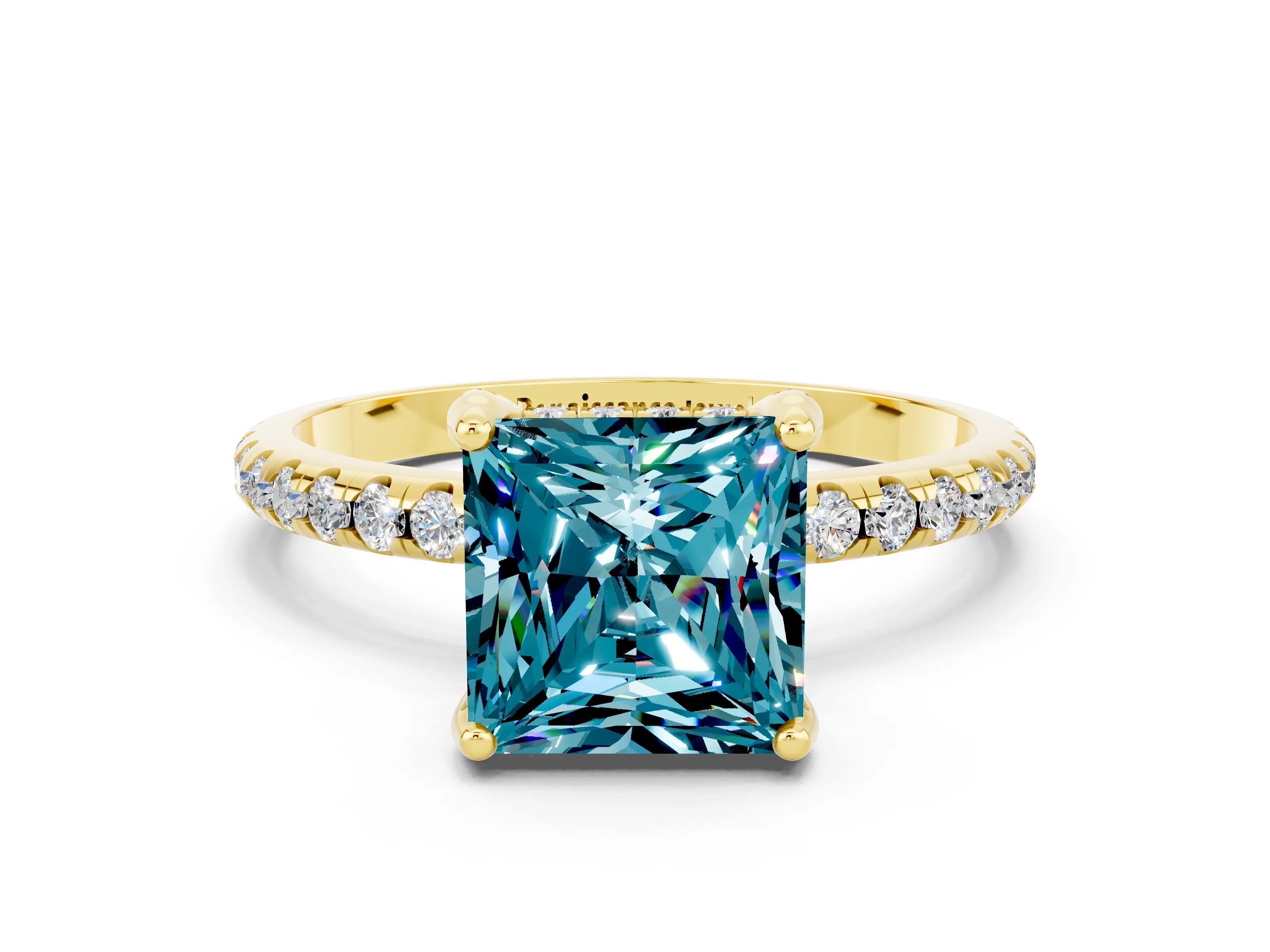 Yellow gold Princess Cut Diamond Solitaire Ring with Four-Prong Setting and Pavé Band