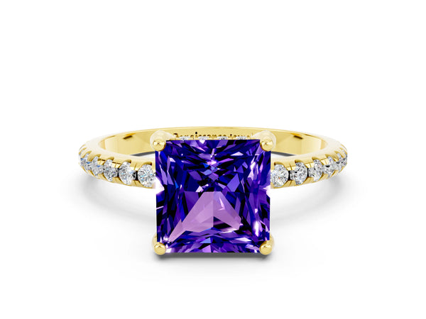 Yellow gold Princess Cut Tanzanite Hidden Halo Engagement Ring with Round Pavé Band and Prong Setting