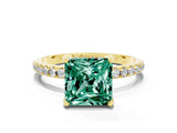 Yellow gold Princess Cut Diamond Solitaire Ring with Four-Prong Setting and Pavé Band
