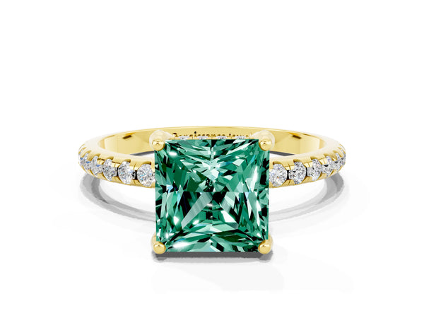 Yellow gold Princess Cut Green Sapphire Hidden Halo Engagement Ring with Round Pavé Band and Prong Setting