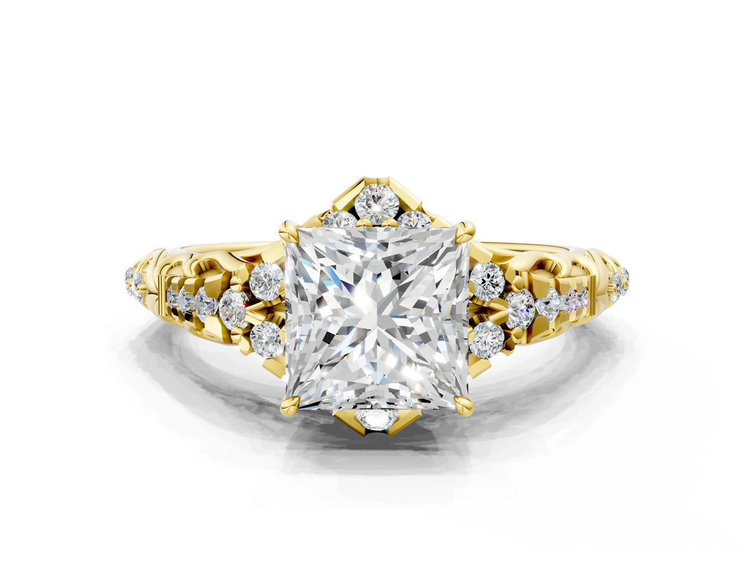 Yellow gold Princess Cut Diamond Solitaire Ring with Hidden Halo and Pavé Band_27