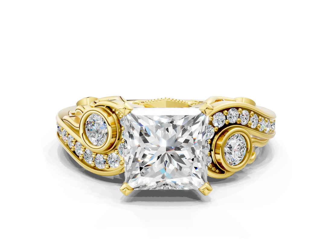 Yellow gold Princess Cut Diamond Solitaire Ring with Milgrain Pavé Band and Four-Prong Setting_175