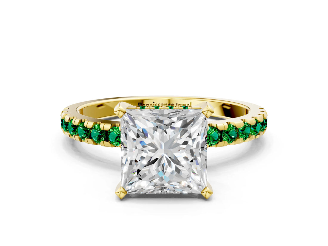 Yellow gold Princess Cut Diamond Solitaire Ring with Pavé Band and Four-Prong Setting