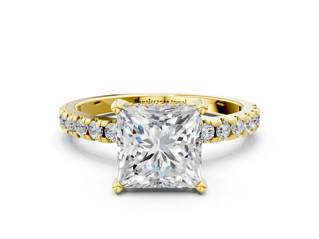 Yellow gold Princess Cut Diamond Solitaire Ring with Pavé Band and Four-Prong Setting_235