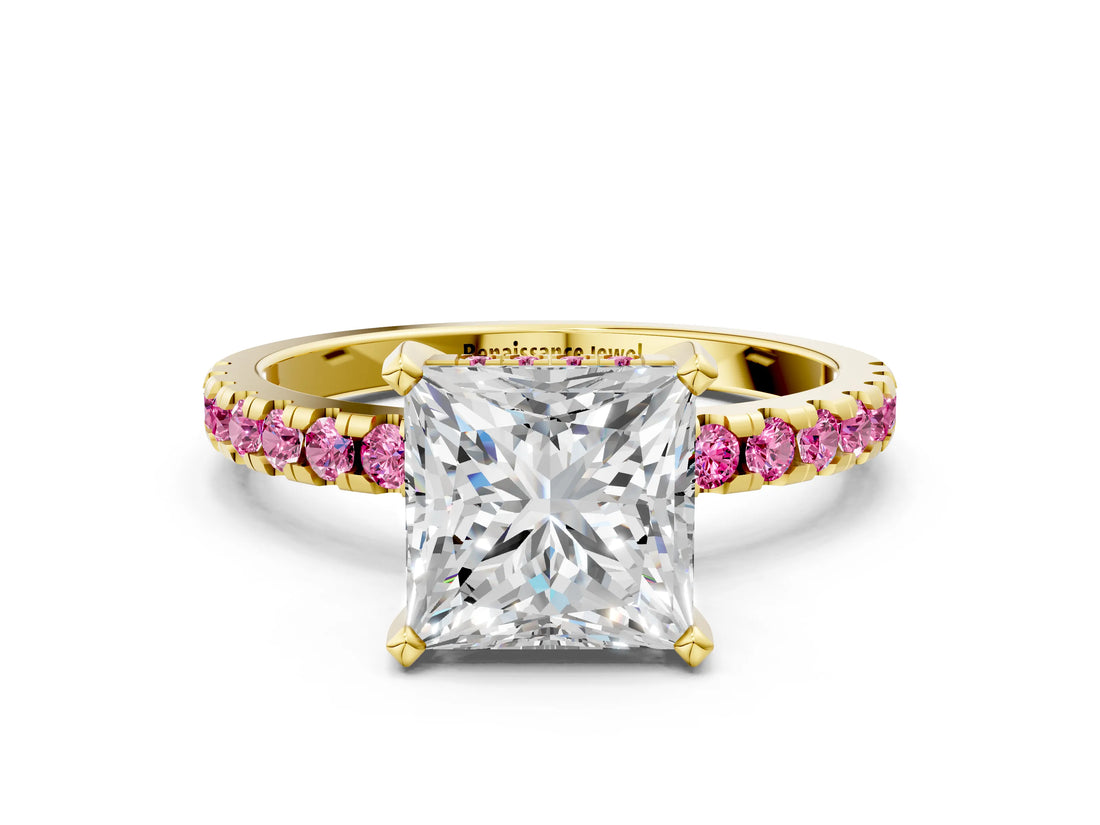 Yellow gold Princess Cut Diamond Solitaire Ring with Pavé Band and Four-Prong Setting