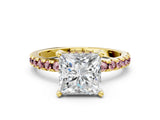 Yellow gold Princess Cut Diamond Solitaire Ring with Pavé Band and Four-Prong Setting