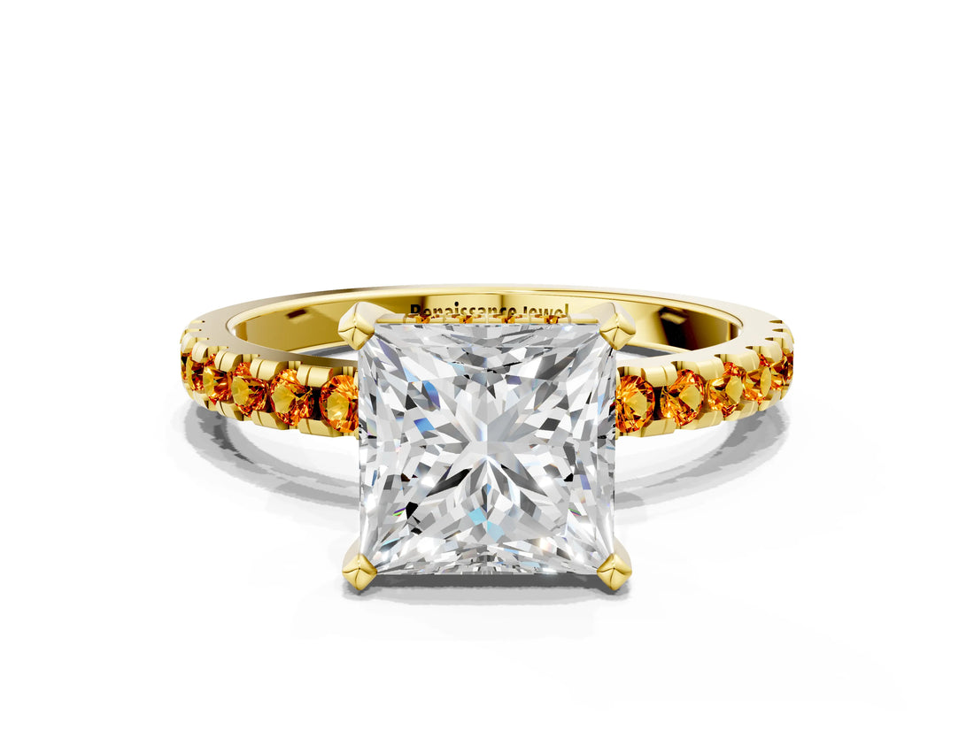 Yellow gold Princess Cut Diamond Solitaire Ring with Pavé Band and Four-Prong Setting