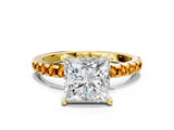 Yellow gold Princess Cut Diamond Solitaire Ring with Pavé Band and Four-Prong Setting