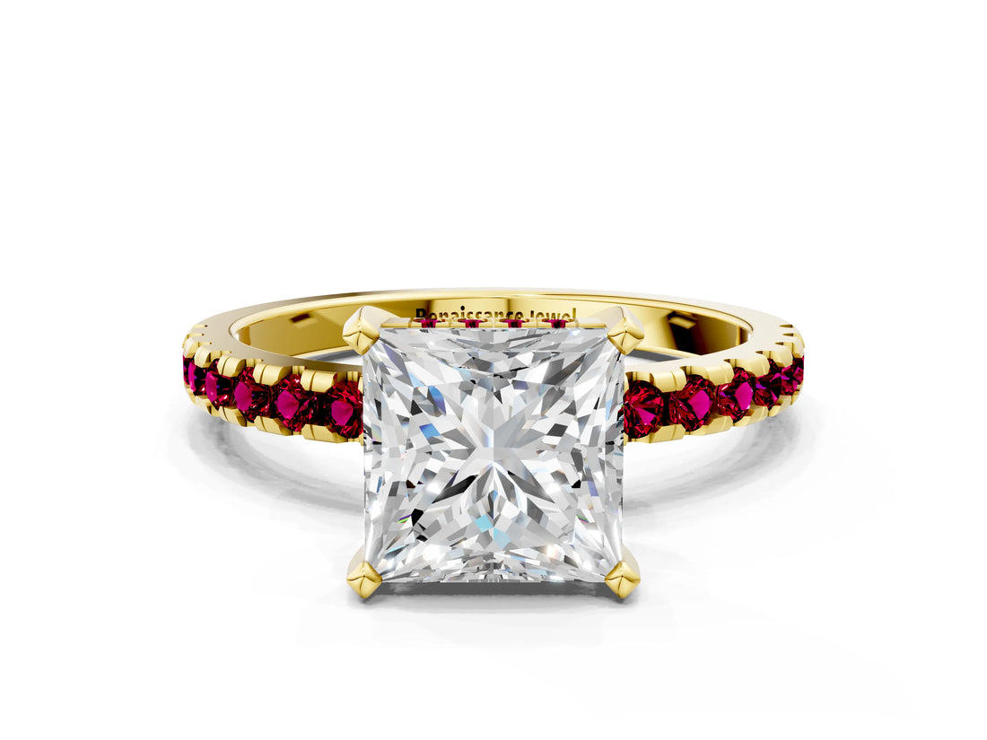 Yellow gold Princess Cut Diamond Solitaire Ring with Pavé Band and Four-Prong Setting