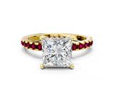 Yellow gold Princess Cut Diamond Solitaire Ring with Pavé Band and Four-Prong Setting