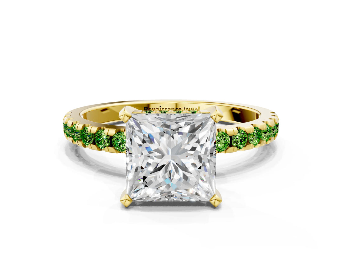 Yellow gold Princess Cut Diamond Solitaire Ring with Pavé Band and Four-Prong Setting