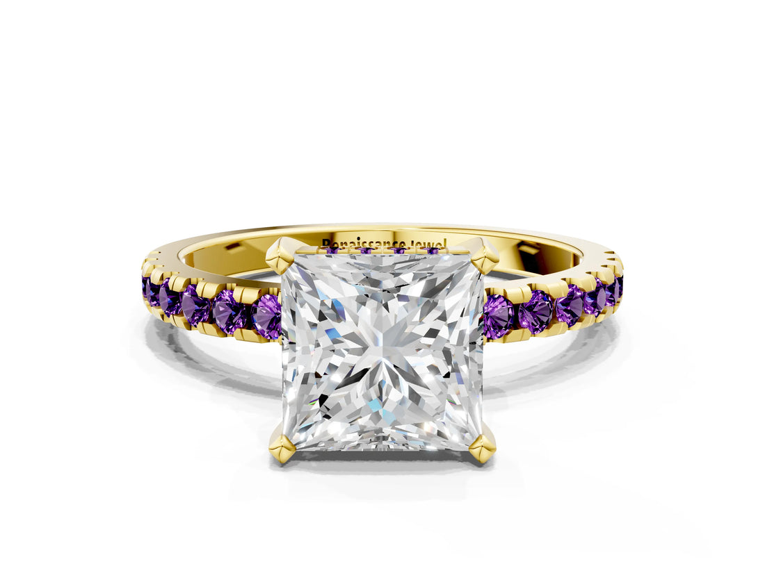 Yellow gold Princess Cut Diamond Solitaire Ring with Pavé Band and Four-Prong Setting