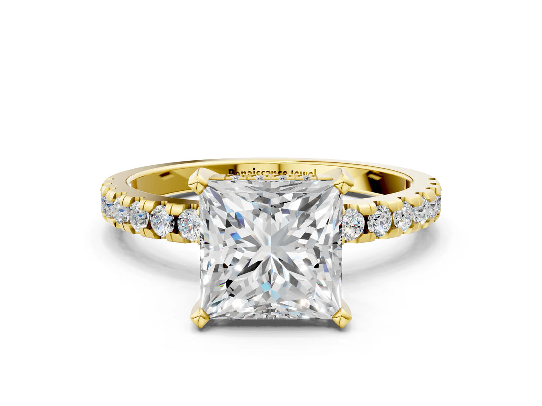 Yellow gold Princess Cut Diamond Solitaire Ring with Pavé Band and Four-Prong Setting