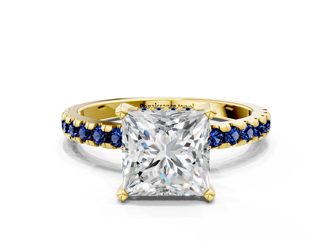 Yellow gold Princess Cut Diamond Solitaire Ring with Pavé Band and Four-Prong Setting