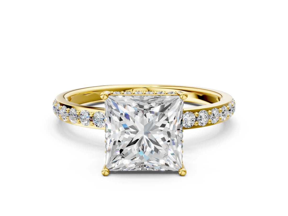 Yellow gold Princess Cut Diamond Solitaire Ring with Pavé Band and Hidden Halo_26