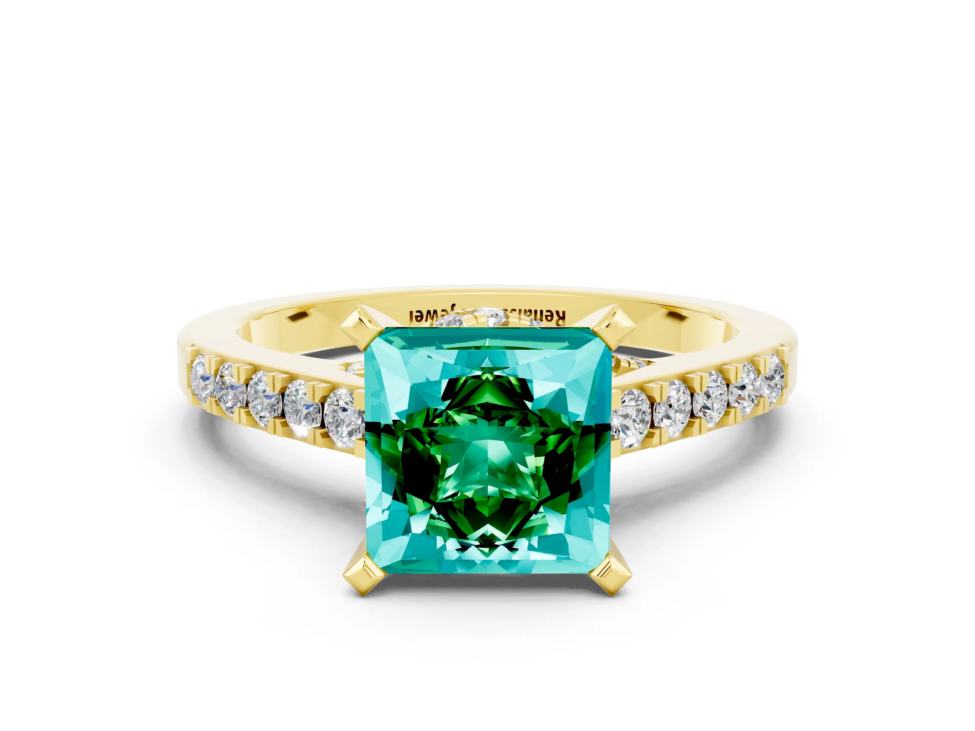 Yellow gold Princess Cut Diamond Solitaire Ring with Pavé Band and Prong Setting_12