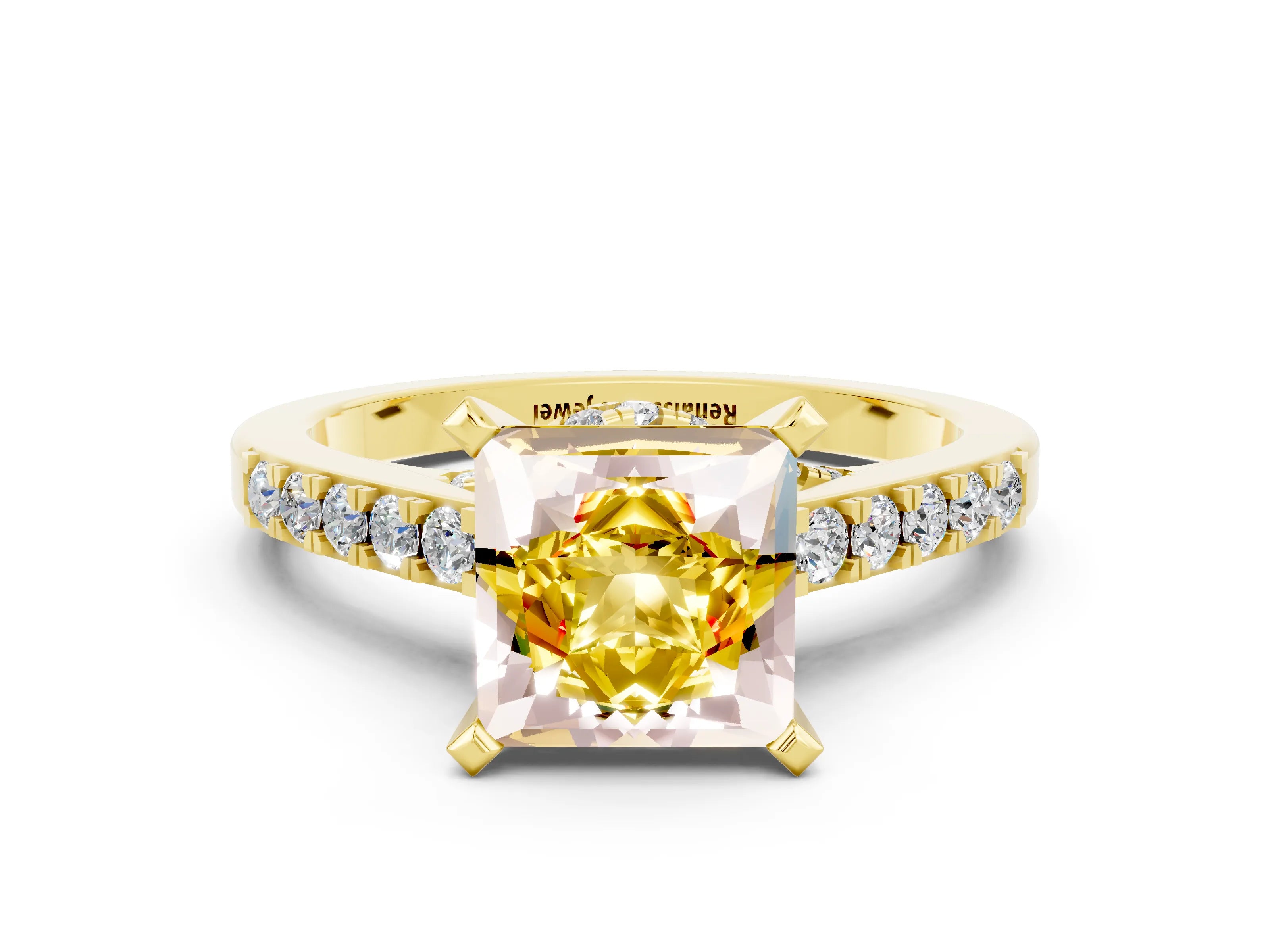 Yellow gold Princess Cut Diamond Solitaire Ring with Pavé Band and Prong Setting_12