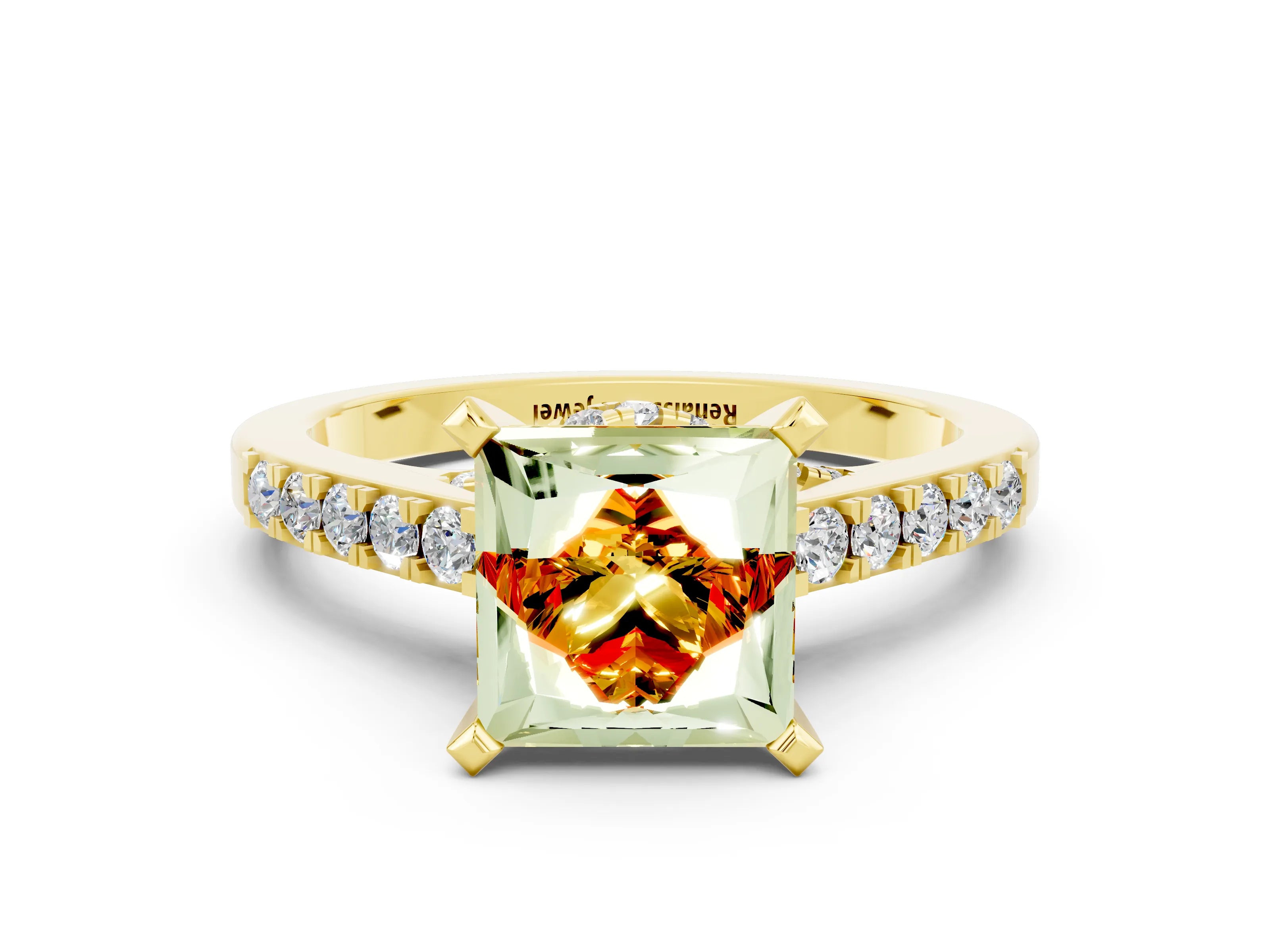 Yellow gold Princess Cut Diamond Solitaire Ring with Pavé Band and Prong Setting_12