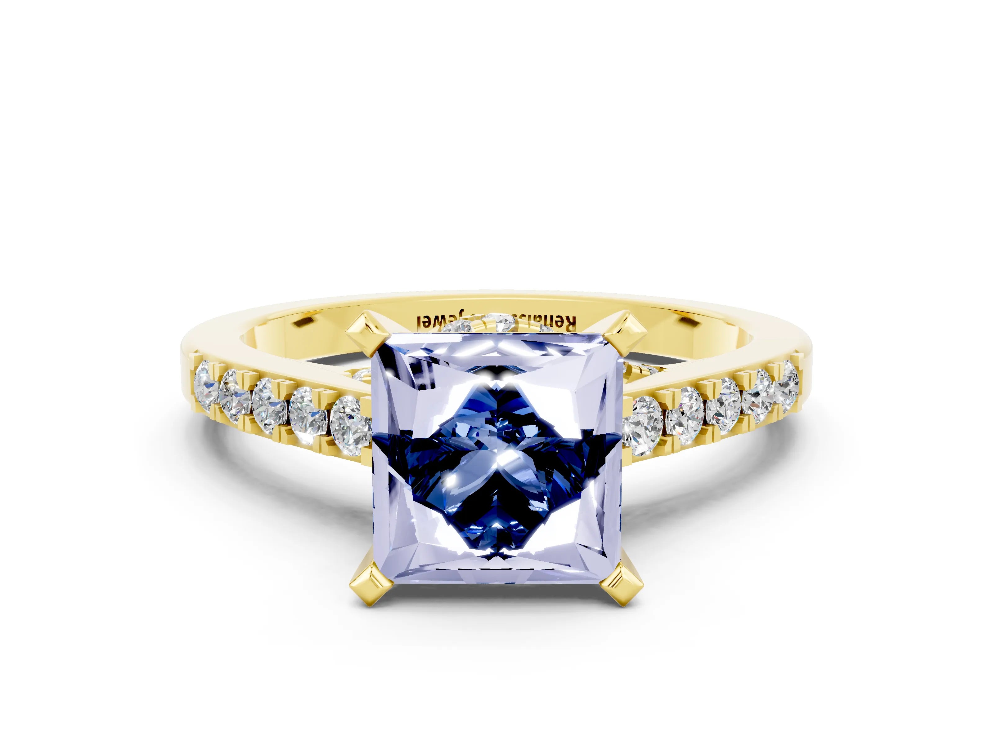 Yellow gold Princess Cut Diamond Solitaire Ring with Pavé Band and Prong Setting_12