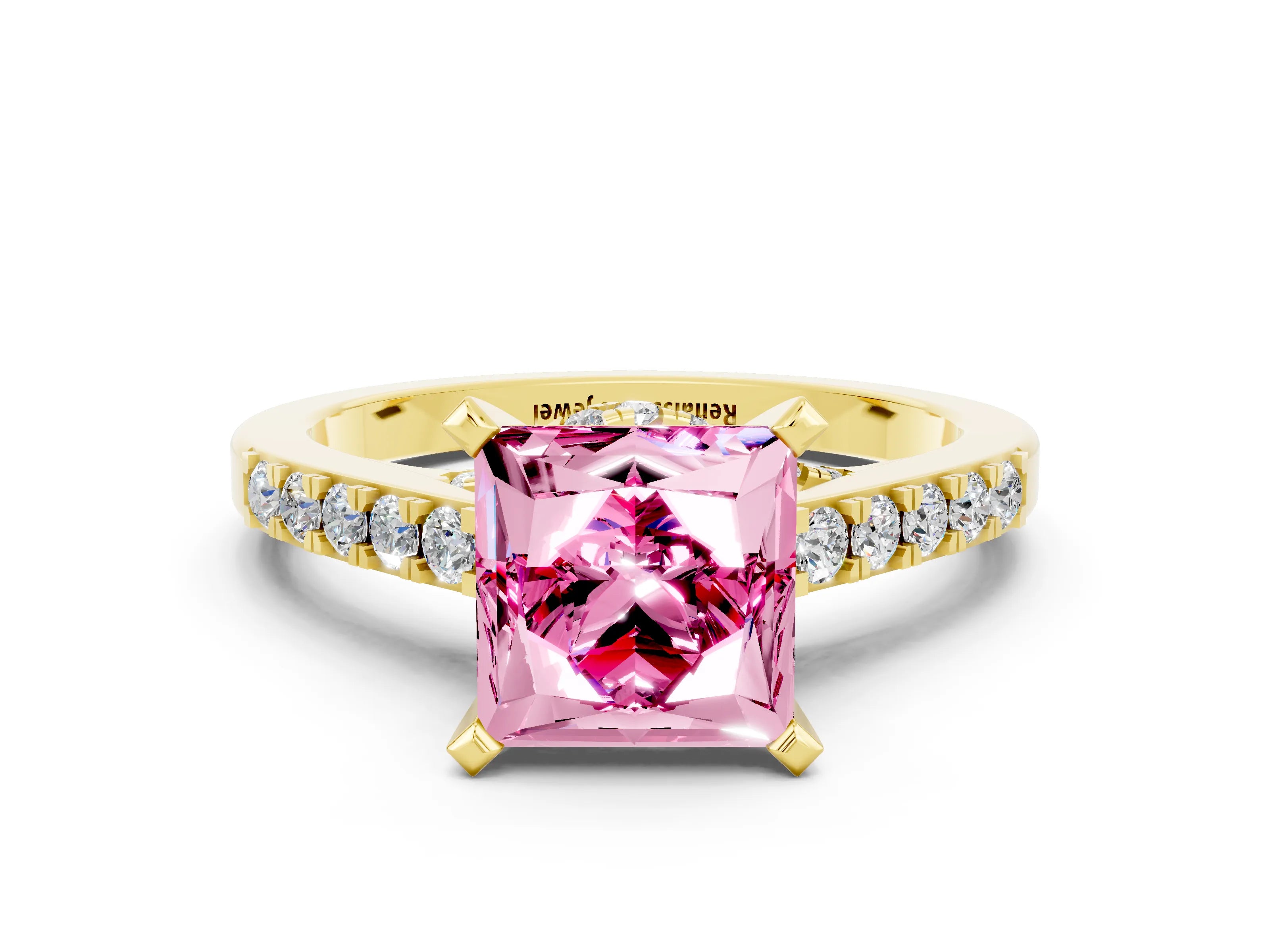 Yellow gold Princess Cut Diamond Solitaire Ring with Pavé Band and Prong Setting_12