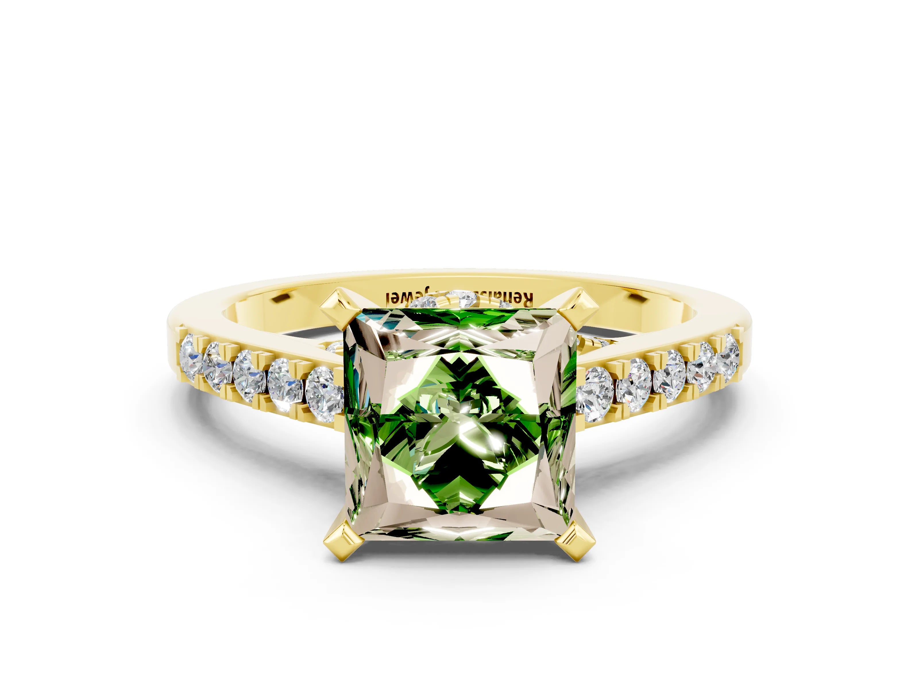 Yellow gold Princess Cut Diamond Solitaire Ring with Pavé Band and Prong Setting_12
