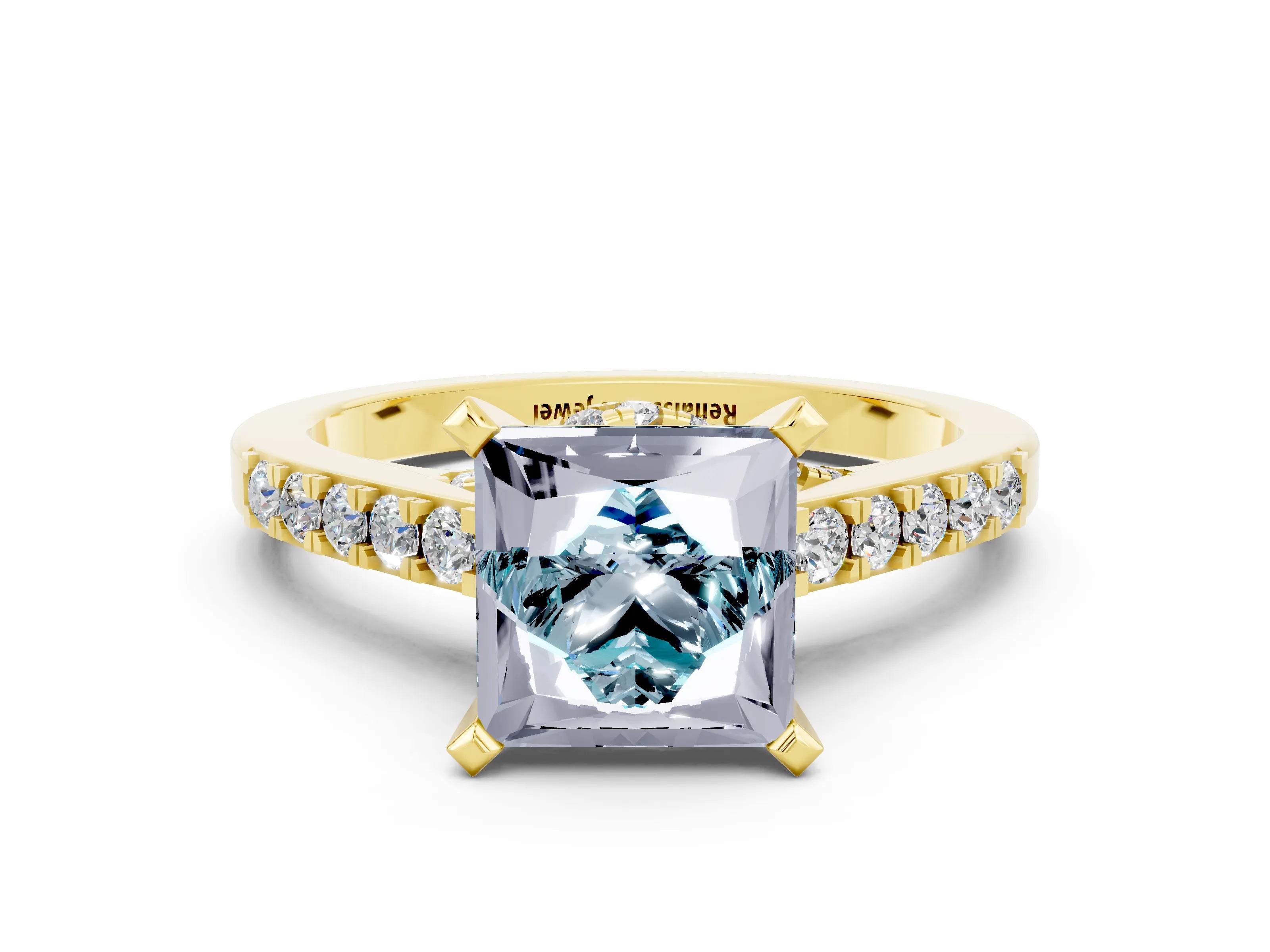 Yellow gold Princess Cut Diamond Solitaire Ring with Pavé Band and Prong Setting_12
