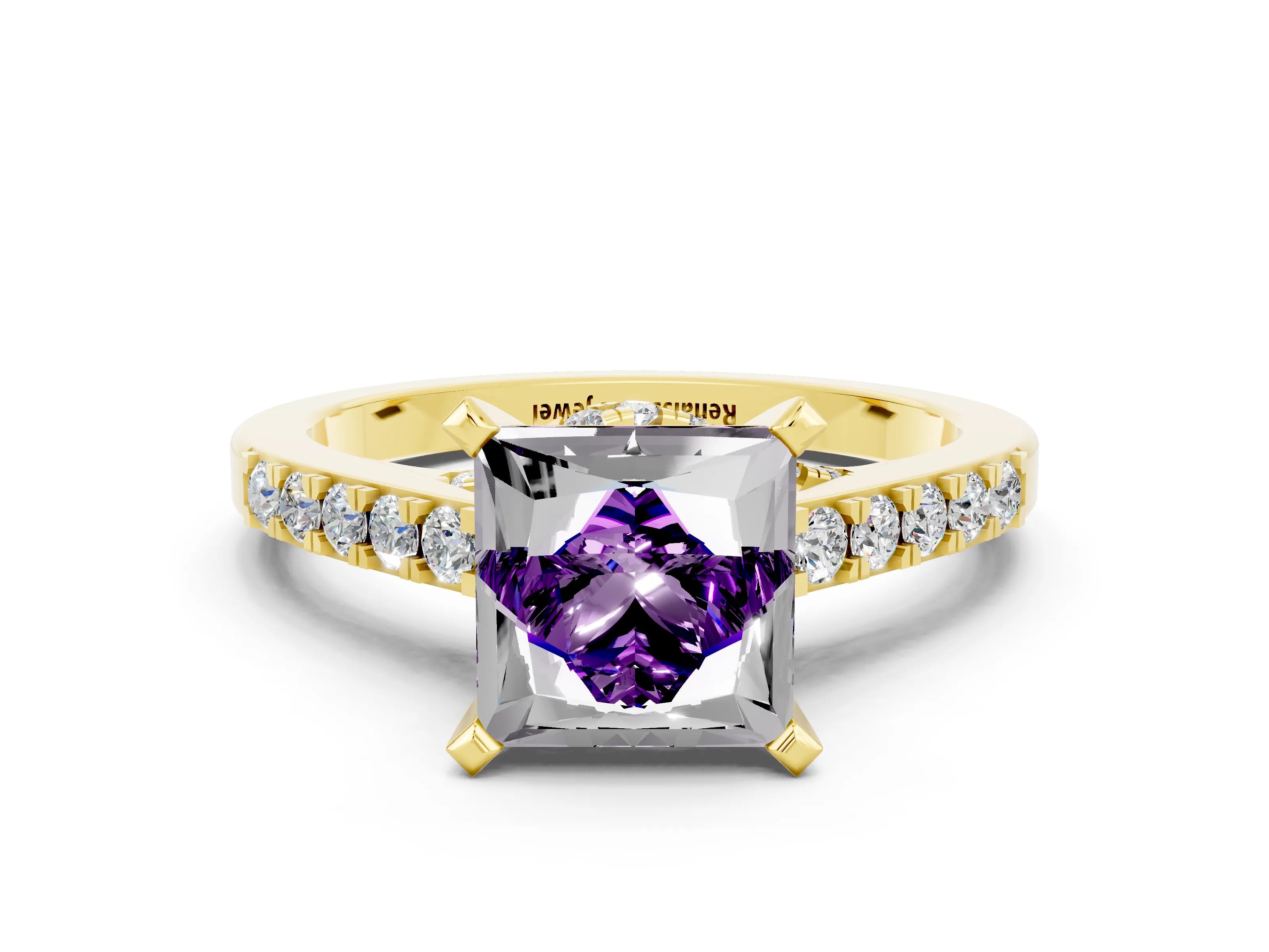 Yellow gold Princess Cut Diamond Solitaire Ring with Pavé Band and Prong Setting_12