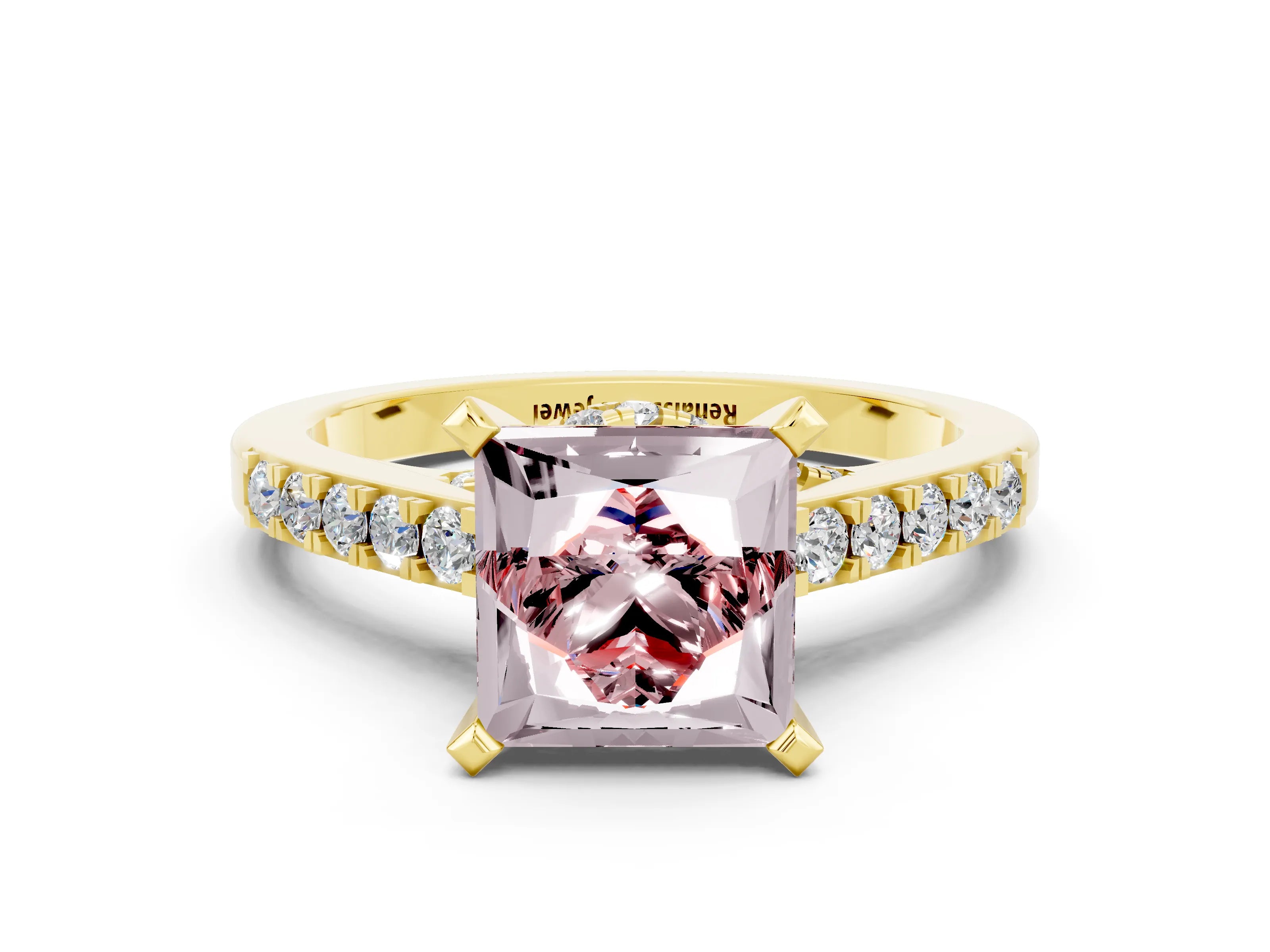 Yellow gold Princess Cut Diamond Solitaire Ring with Pavé Band and Prong Setting_12