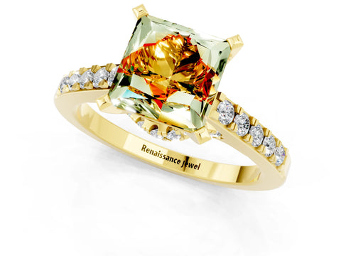 Yellow gold Princess Cut Diamond Solitaire Ring with Pavé Band and Prong Setting_13