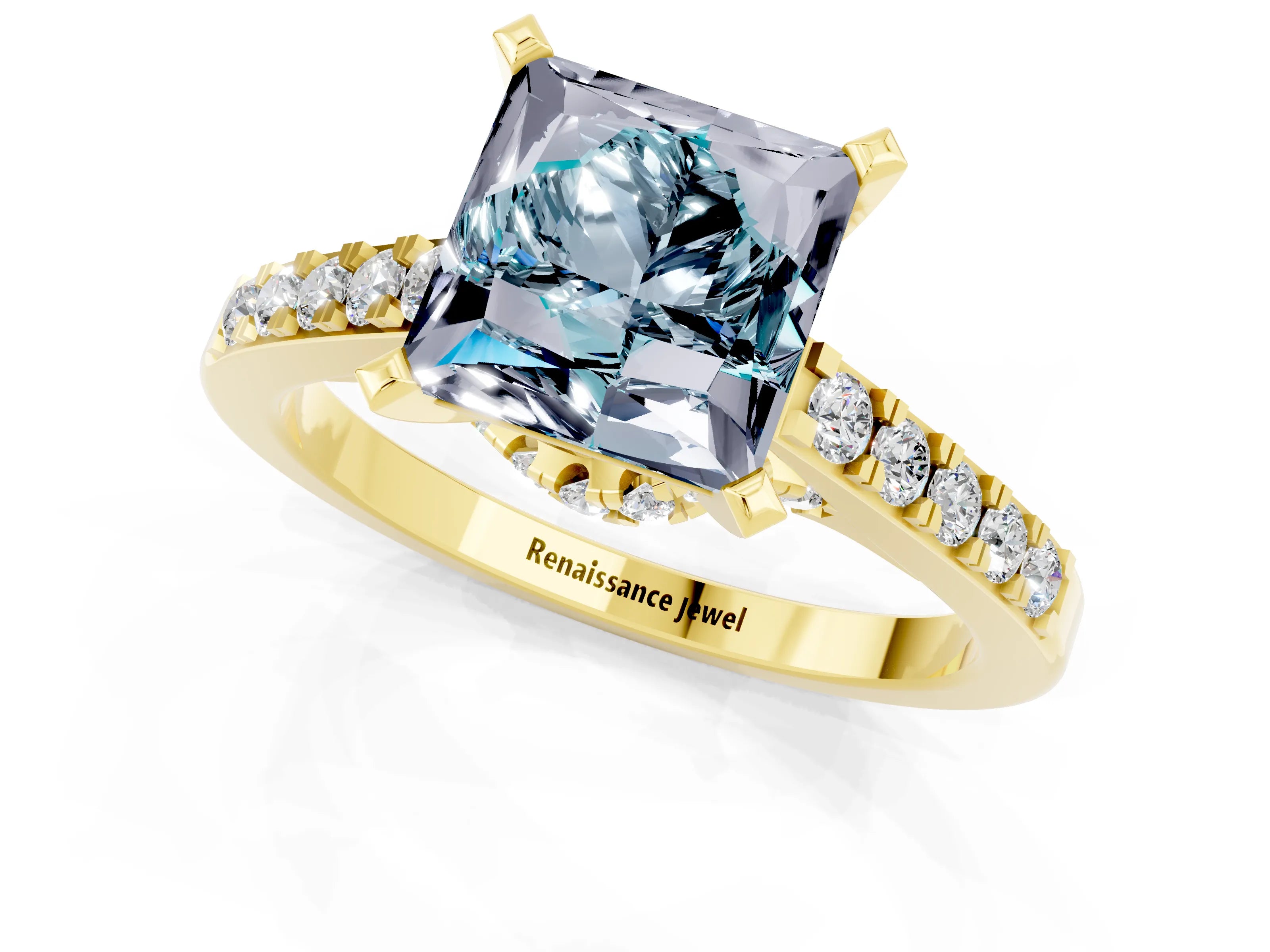 Yellow gold Princess Cut Diamond Solitaire Ring with Pavé Band and Prong Setting_13
