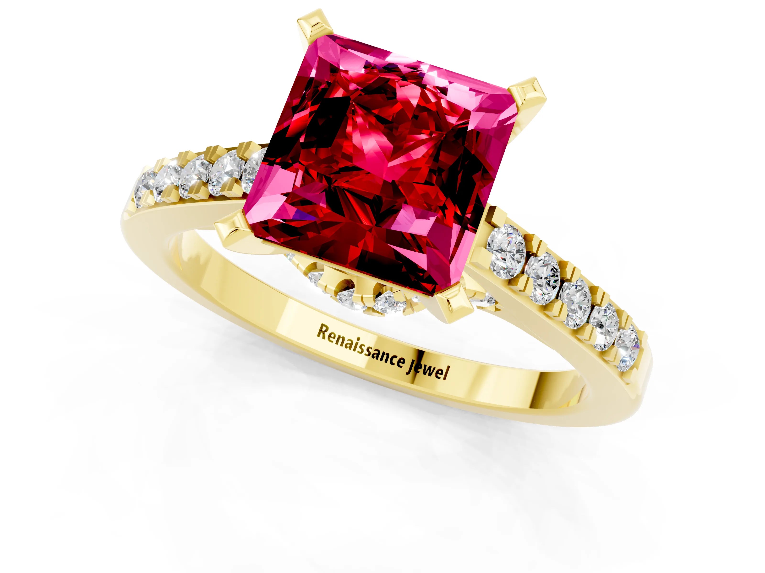 Yellow gold Princess Cut Diamond Solitaire Ring with Pavé Band and Prong Setting_13