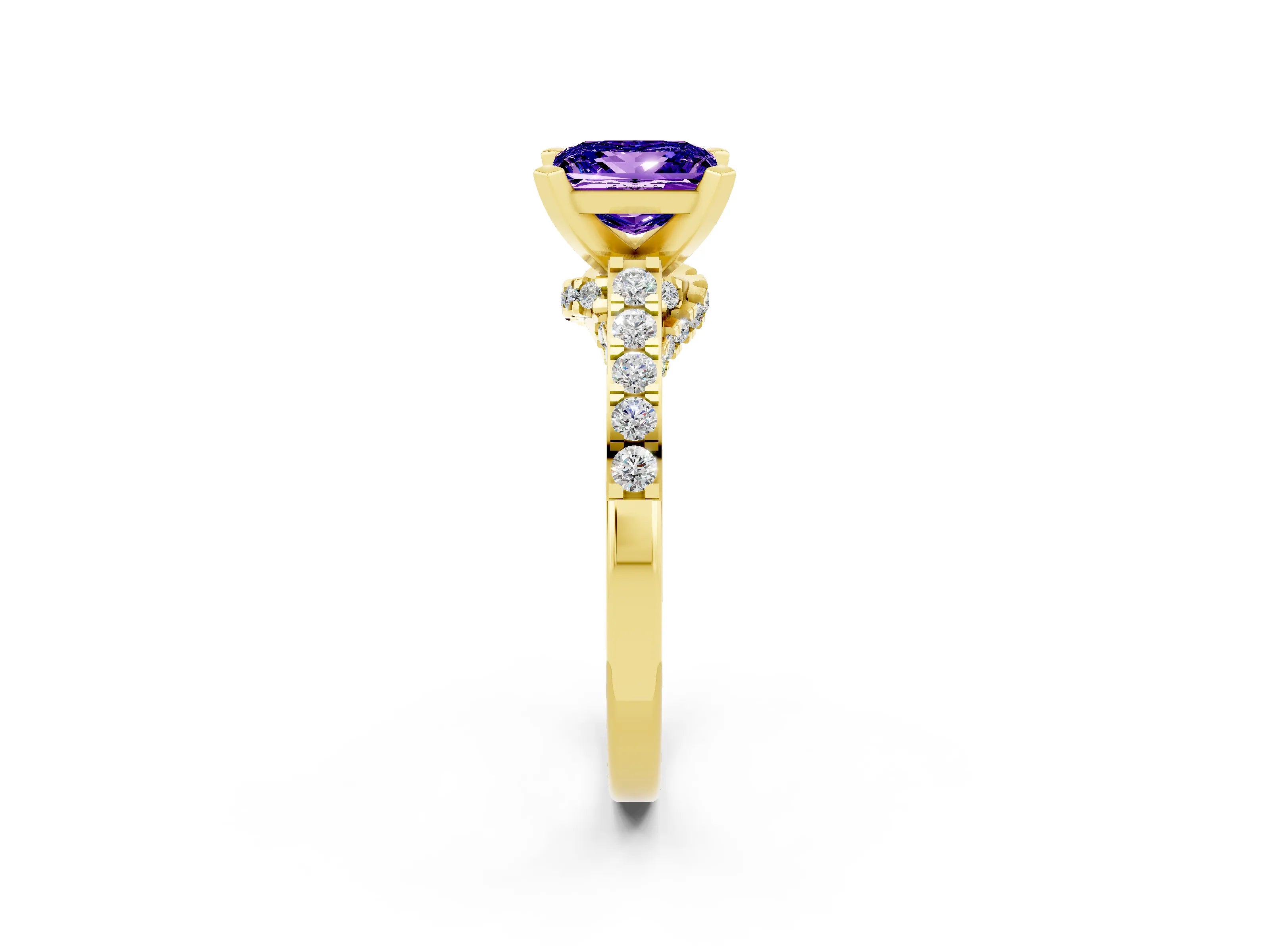 Yellow gold Princess Cut Diamond Solitaire Ring with Pavé Band and Prong Setting_14
