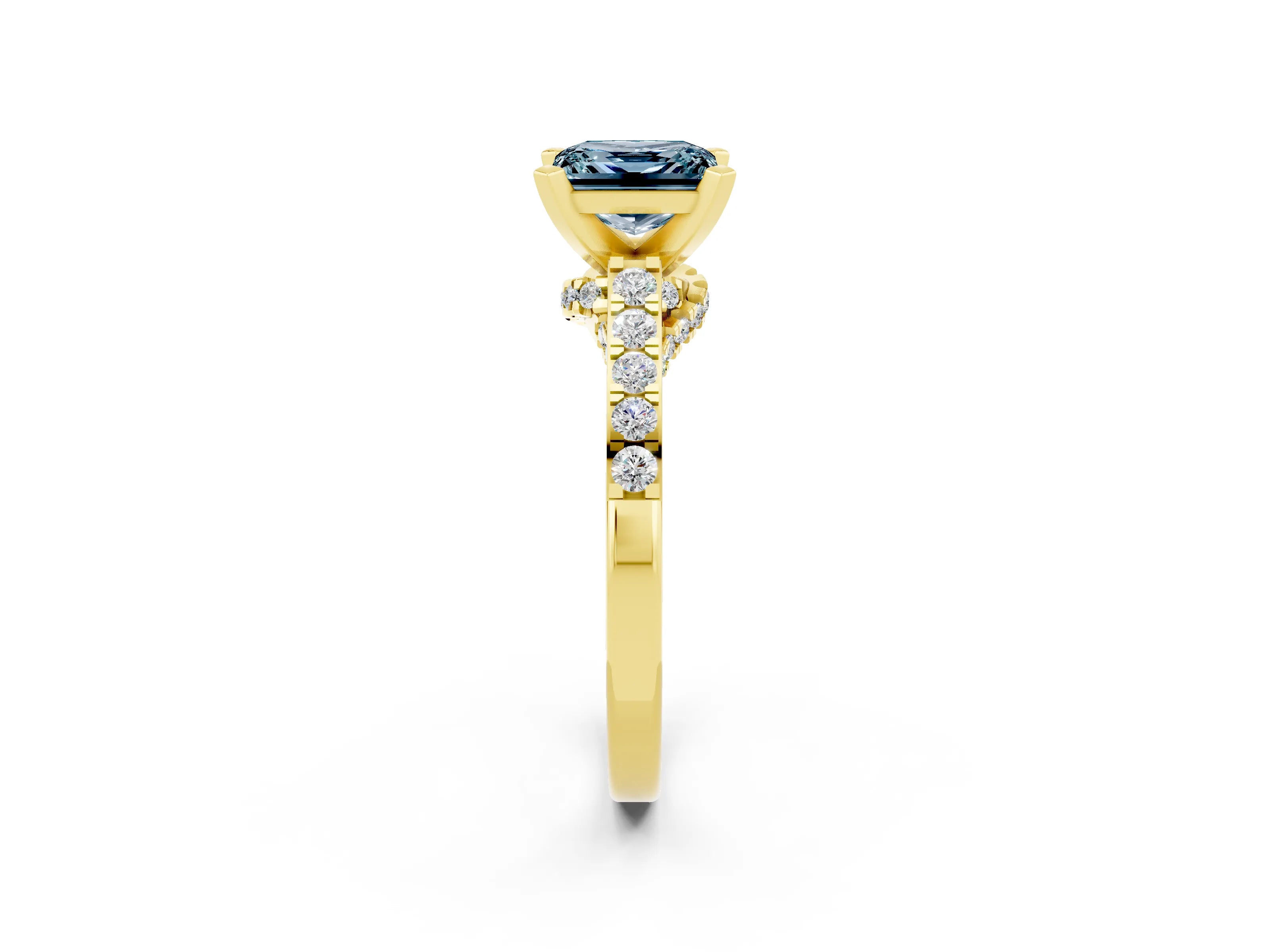Yellow gold Princess Cut Diamond Solitaire Ring with Pavé Band and Prong Setting_14