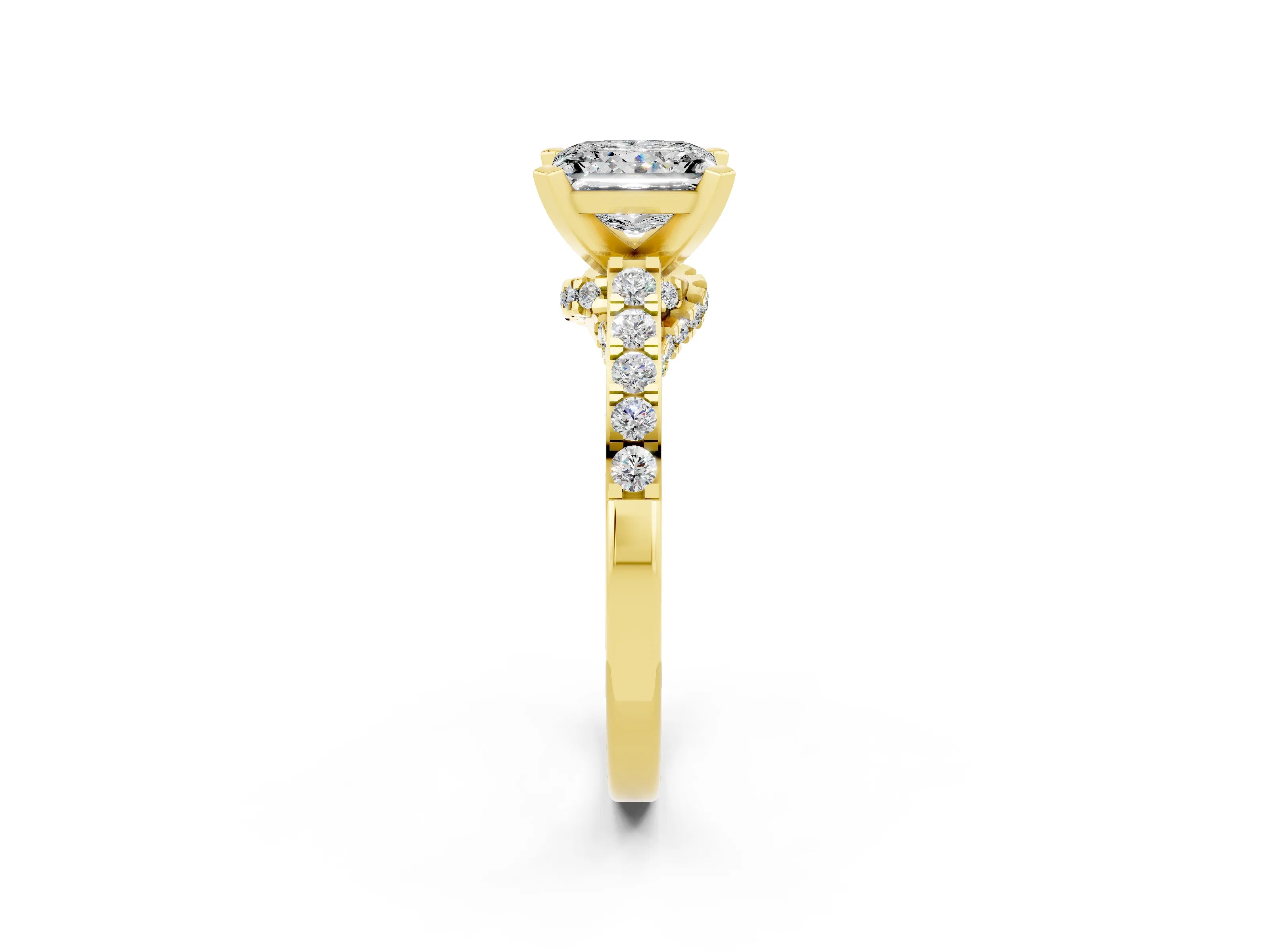 Yellow gold Princess Cut Diamond Solitaire Ring with Pavé Band and Prong Setting_14