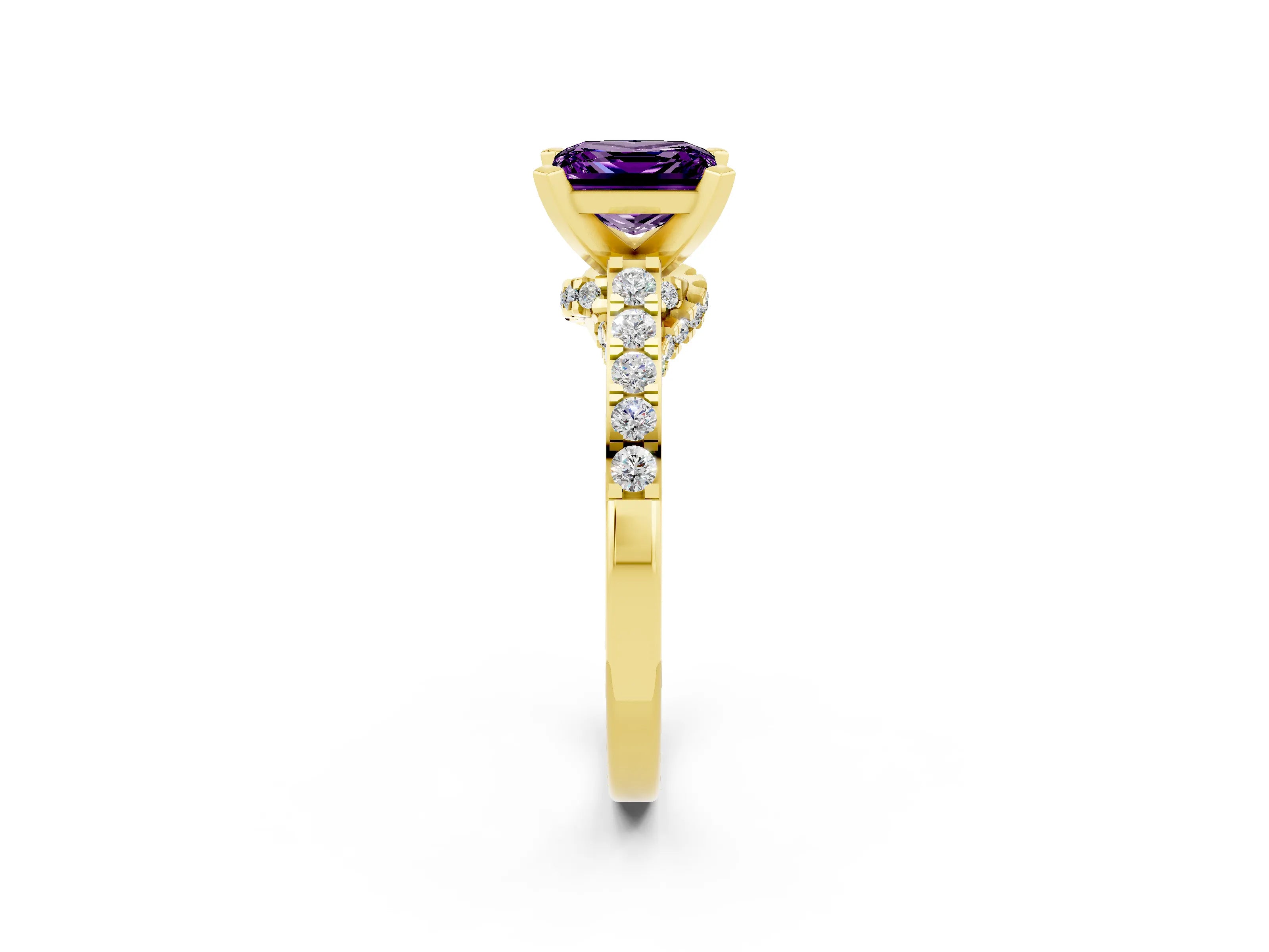 Yellow gold Princess Cut Diamond Solitaire Ring with Pavé Band and Prong Setting_14