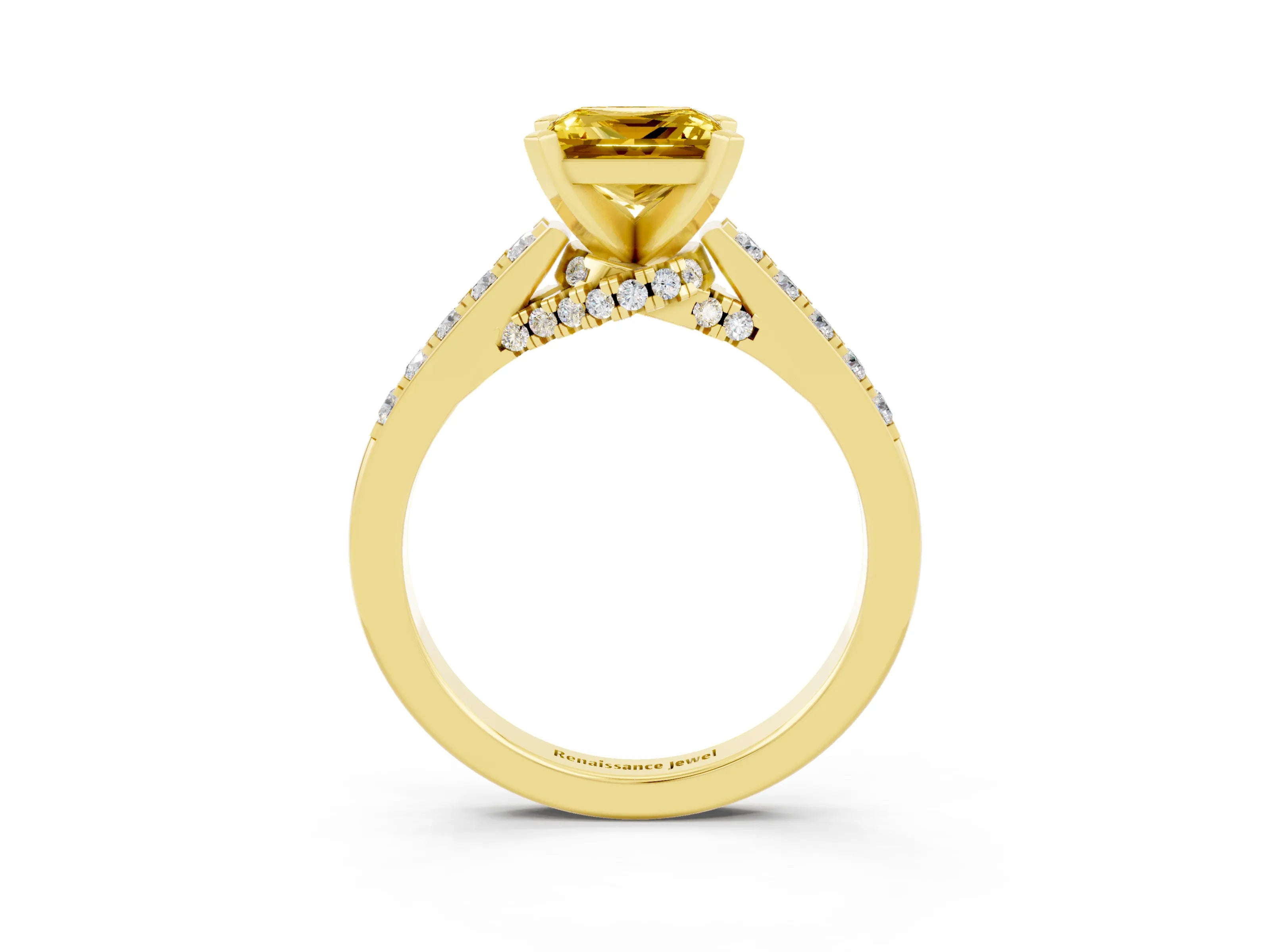Yellow gold Princess Cut Diamond Solitaire Ring with Pavé Band and Prong Setting_15